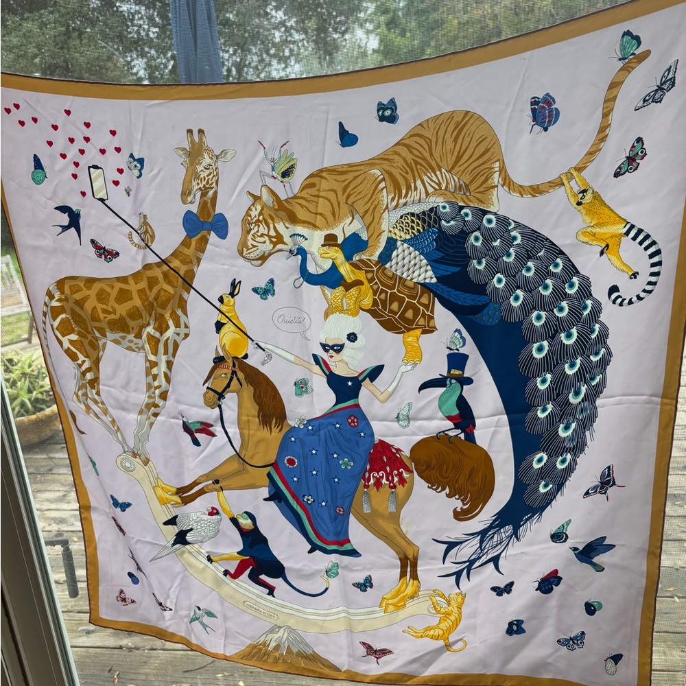 Hermes Story Rose Nacre Blue and Beige Silk Scarf 90